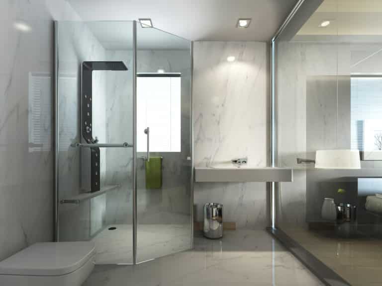 Transparent glass bathroom with shower and WC.