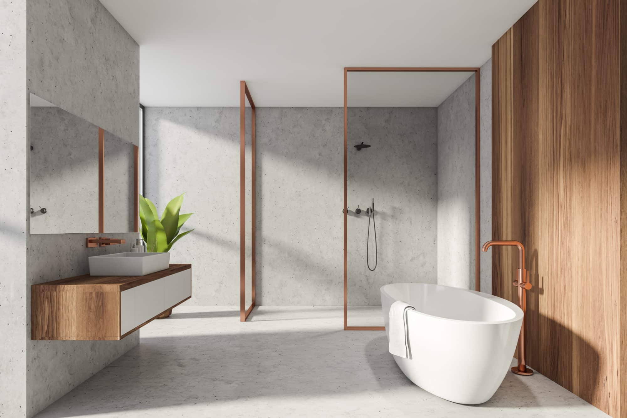 3D rendering of a modern bathroom with a bathtub and wooden shower walls.