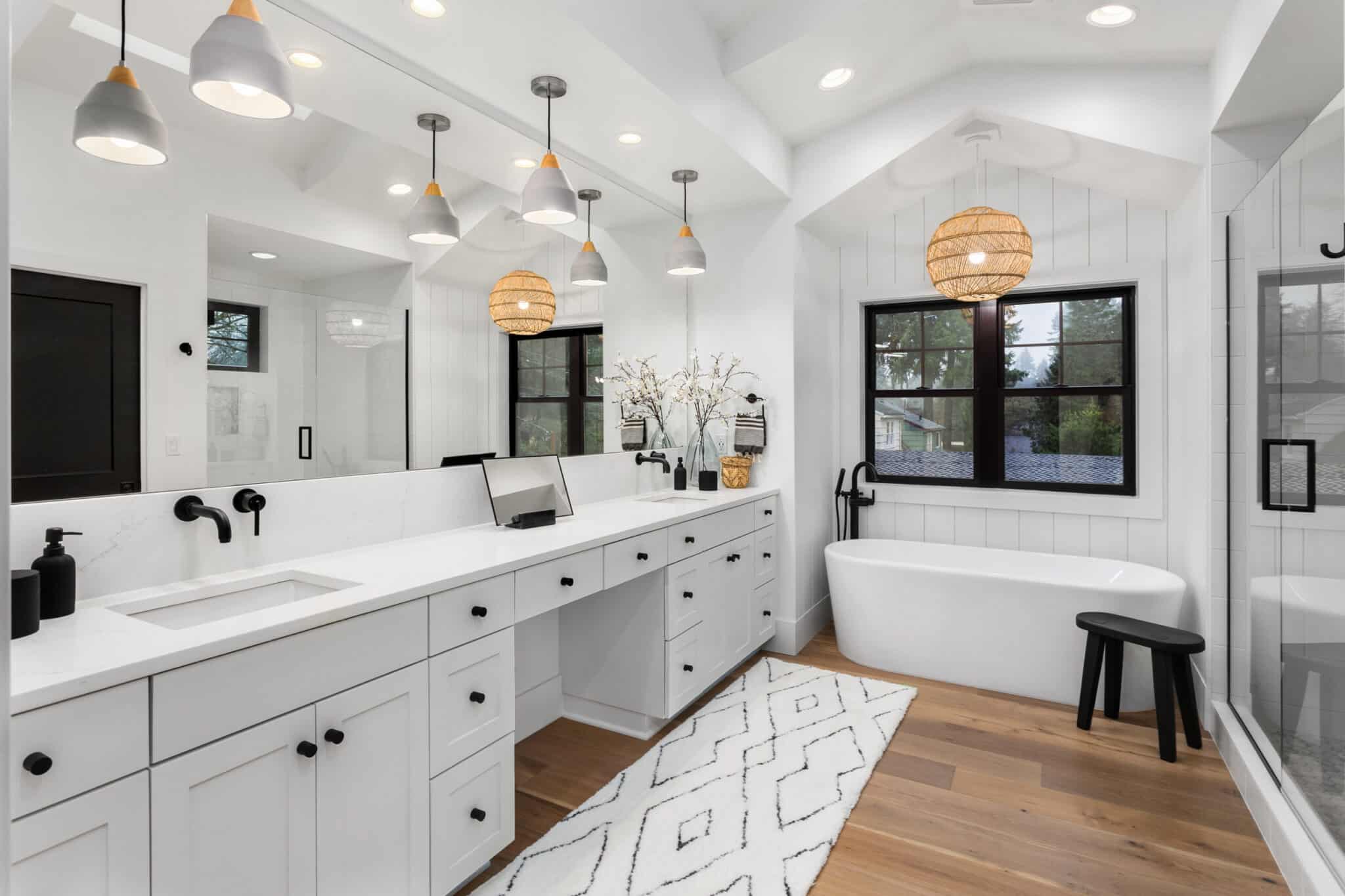 Painted windows in a bathroom remodel.