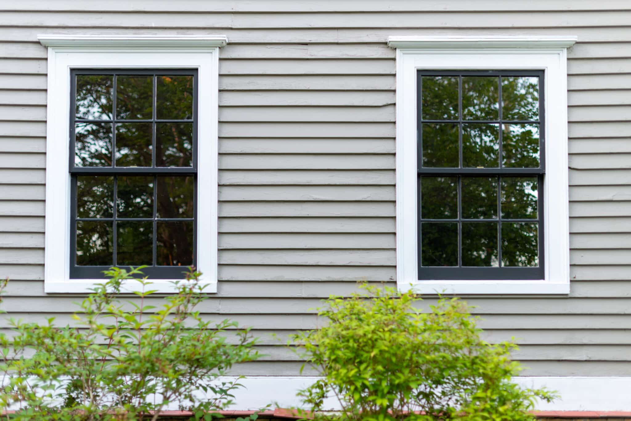 Two double-hung windows on an exterior of a house