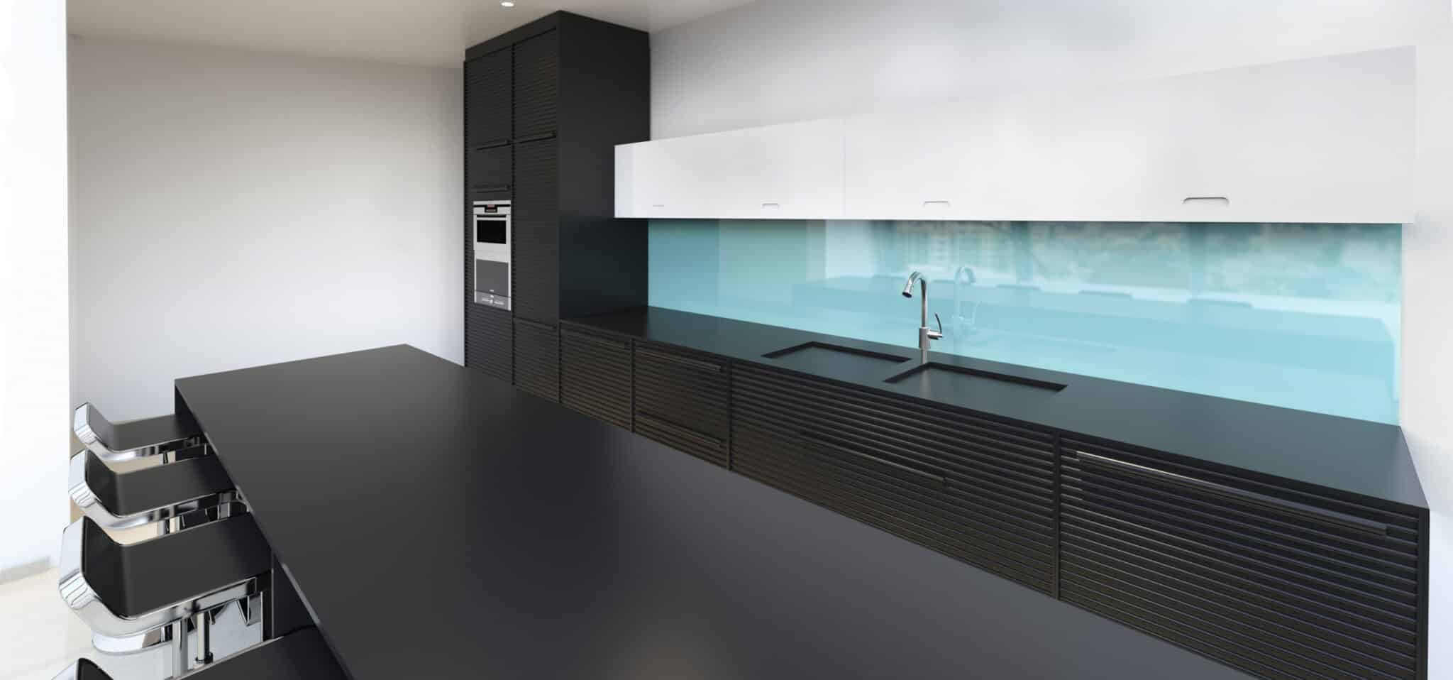 Modern kitchen with a colored black backsplash