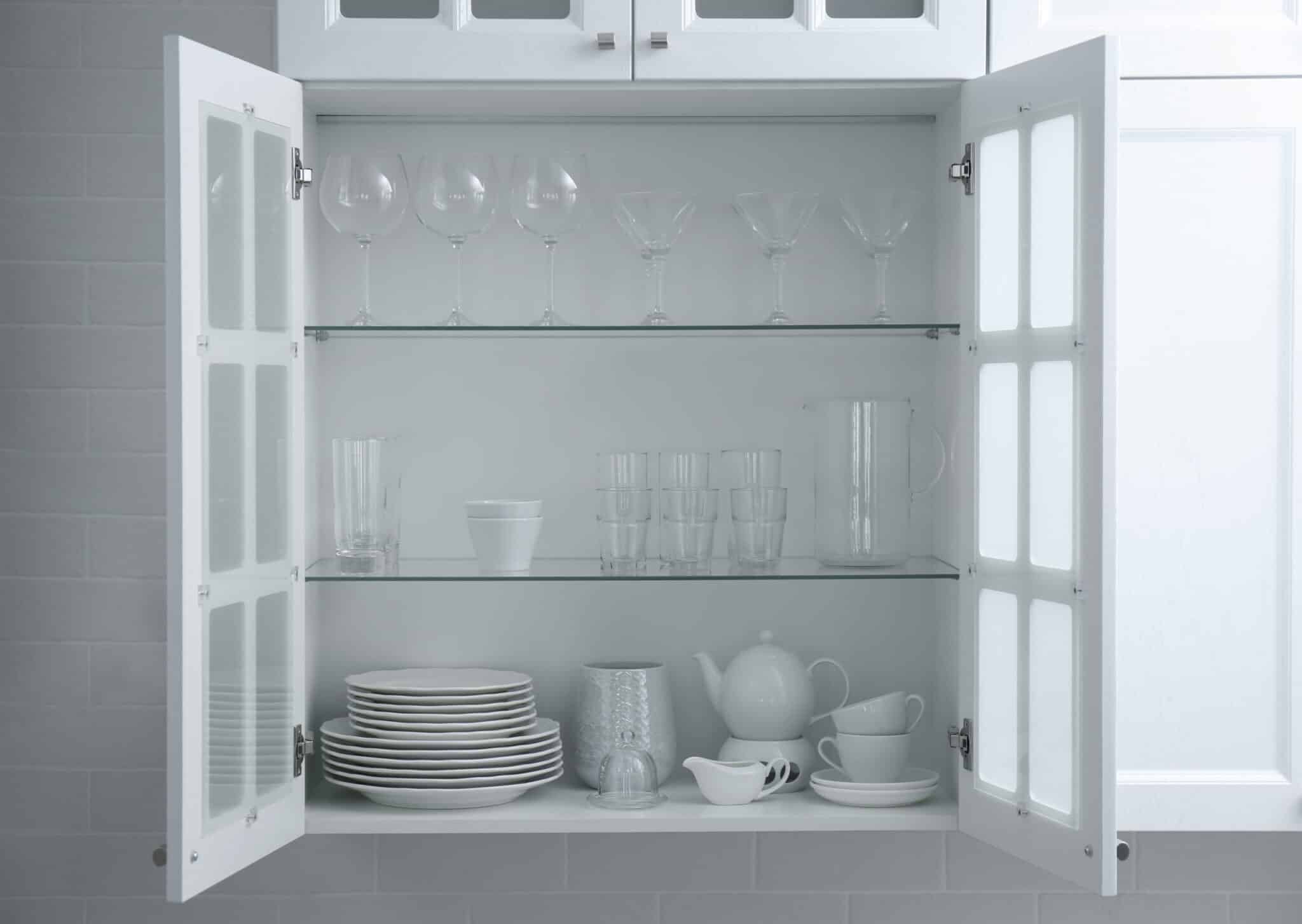 glass shelving in kitchen cabinet