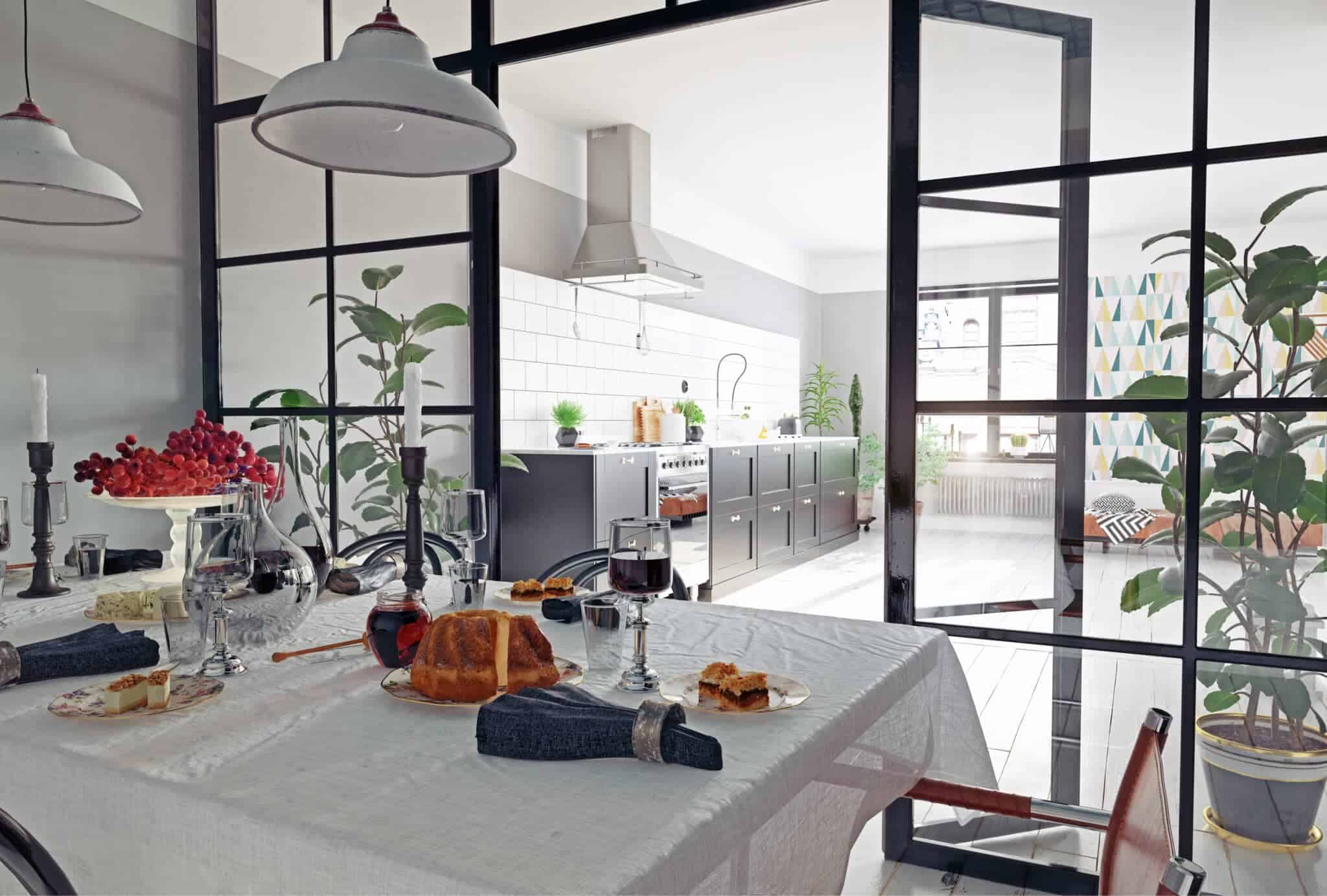 A dining room with a custom glass table and chairs.