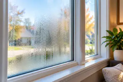 Condensation-Covered Window in a Cozy Home Residential double-pane window with heavy condensation and fogging that obscures the view of trees and houses outside.