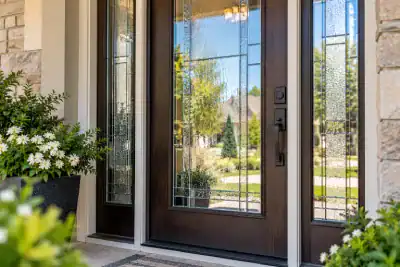 Elegant Textured Glass Entryway Dark wood front entry door featuring decorative textured glass panels and matching sidelights, surrounded by stone walls and landscaping.