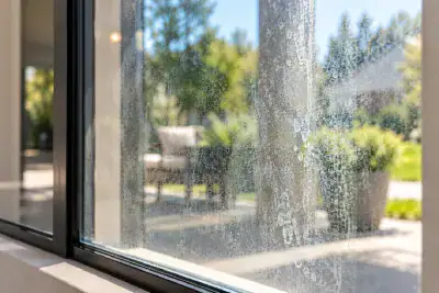 Mineral-Stained Glass Door to a Sunlit Patio Close-up of residential glass covered in cloudy hard-water stains and mineral deposits, partially obscuring the outdoor patio and garden.
