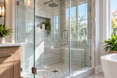 Modern Glass Shower Bathroom Modern bathroom featuring a frameless glass shower enclosure with clear glass panels, metal hardware, and light-colored tile walls.
