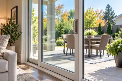 Modern Sliding Door to Sunny Patio Modern sliding glass patio door with white frames and clear glass, connecting a bright living room to an outdoor patio and backyard.