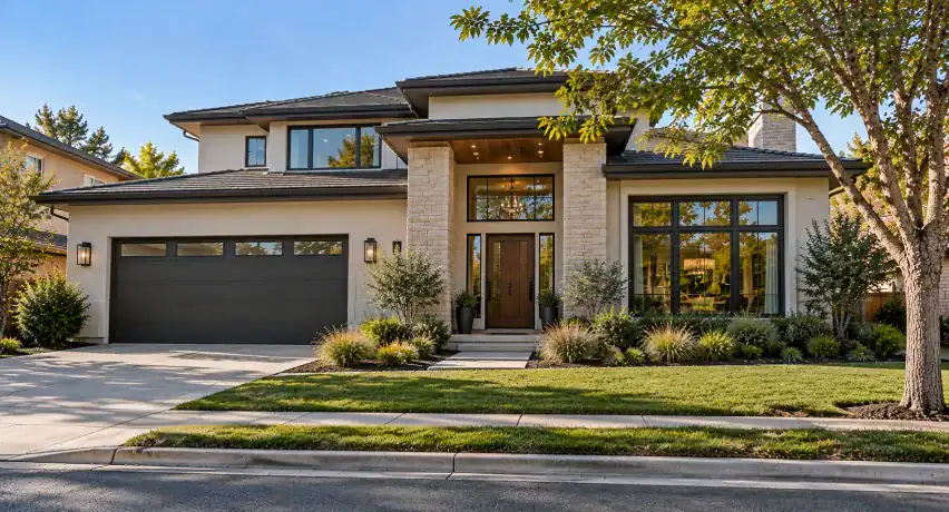 Contemporary California-style home featuring large glass windows, a modern wooden front door, light stone exterior, landscaped front yard, and mature shade tree.