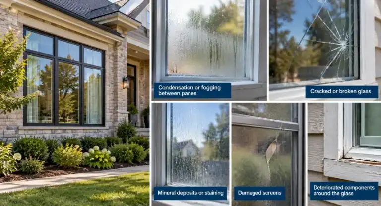 Residential home exterior with close-up examples of common window problems, including foggy glass, cracked window panes, mineral stains, torn screens, and deteriorating window frames.