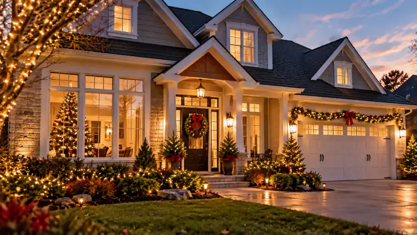 7 Glass Repairs to Make Before Holiday Guests Arrive 1 Two-story suburban home decorated for Christmas with warm holiday lights, a wreath on the front door, illuminated evergreen trees, and a Christmas tree visible through large front windows.