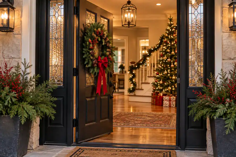 Warm Christmas Entryway Welcome Open black front door with decorative glass panels and a Christmas wreath, revealing a warmly lit entryway with a decorated Christmas tree, garland, and wrapped presents.